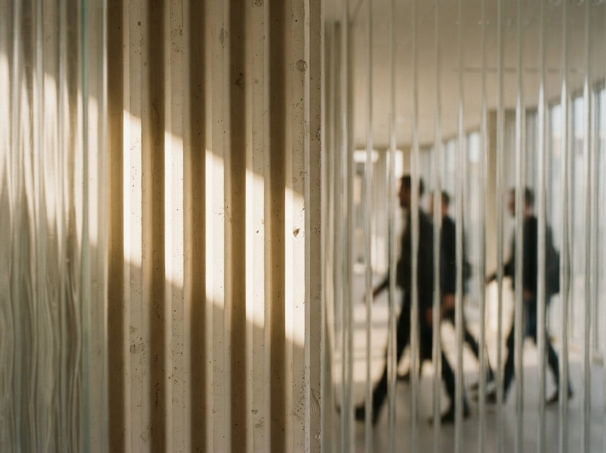 A close-up photograph of ribbed concrete wall textures seen through fluted glass with morning shadows.