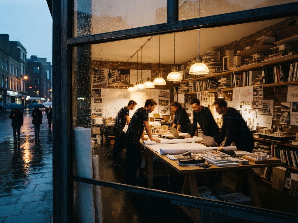 A view through wet window glass showing architects working over printed plans in a brightly lit studio.