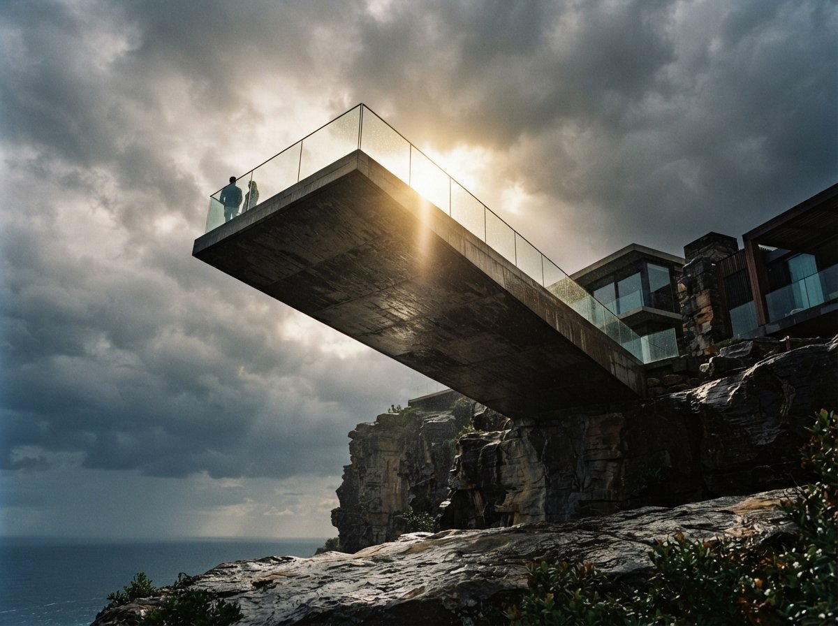 A low-angle shot from the ground looking up at a modern cantilevered building under a clearing storm.