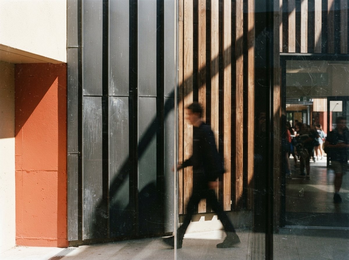 Close-up macro shot of corrugated architectural cladding and timber slats with strong diagonal sunlight.