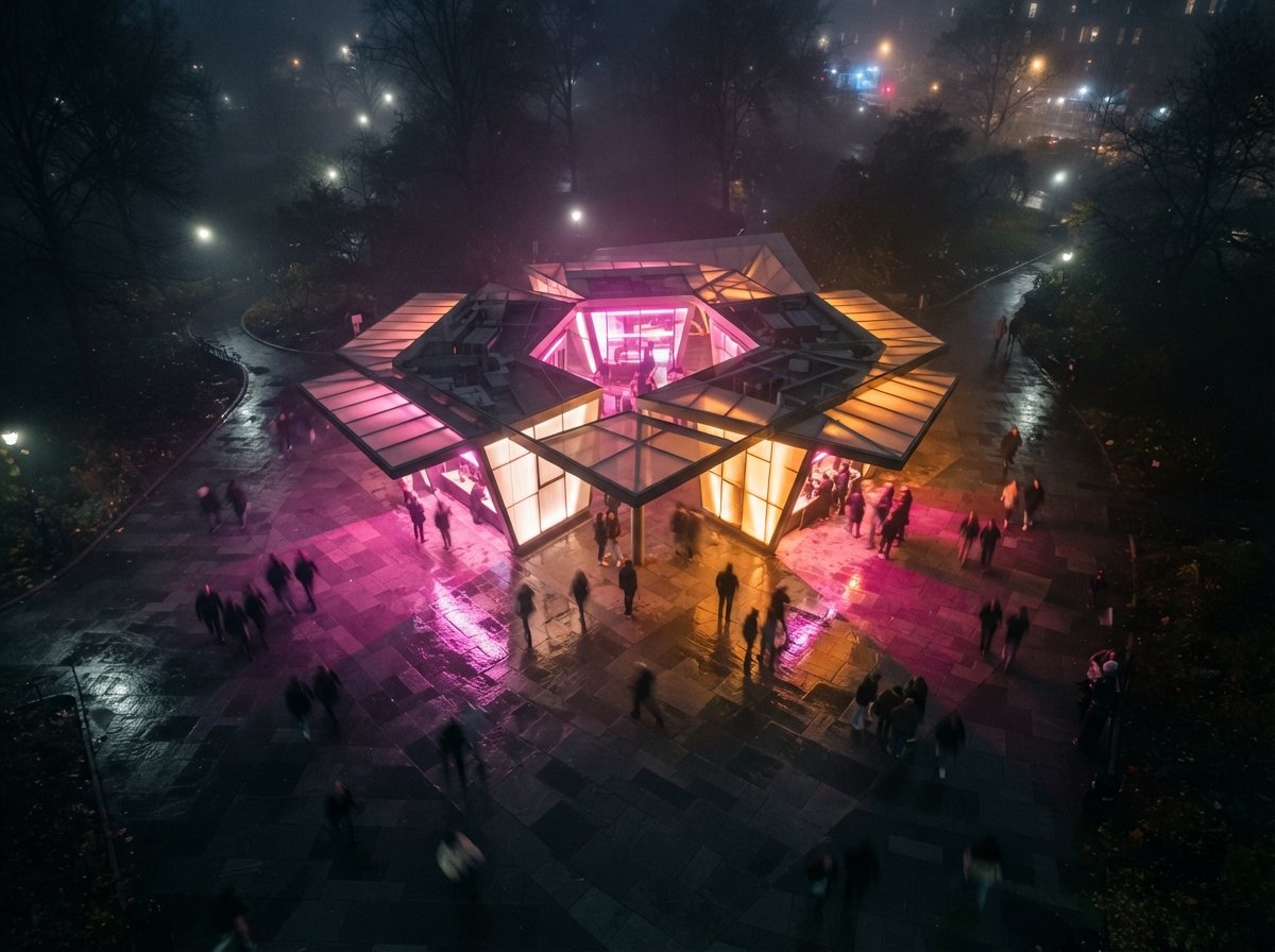 Top-down aerial view of a modern pavilion plaza at night covered in dense fog and illuminated by colorful ambient lighting.