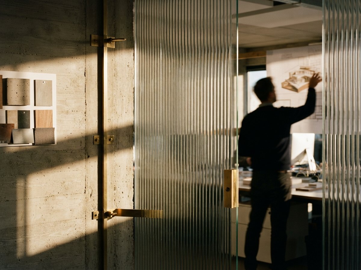 A macro architectural detail shot through fluted glass showing raking daylight over concrete and brass.