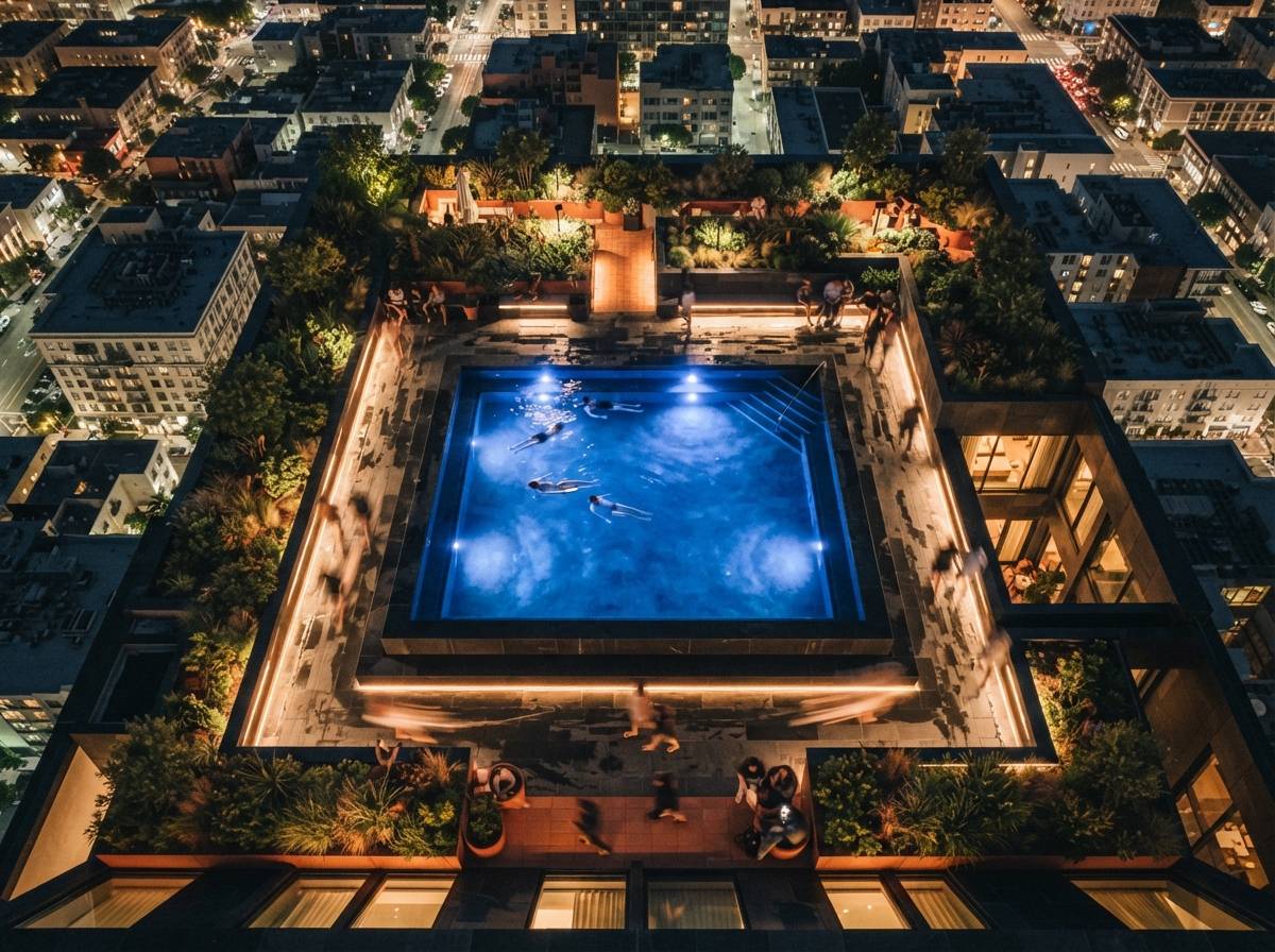 A top-down drone photograph of an illuminated hotel swimming pool and stone terrace at night with swimming guests.