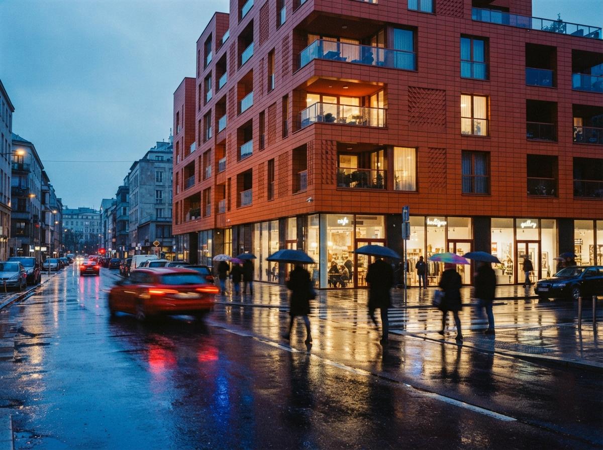 Pedestrians move past a vibrant terracotta residential building on a rain-slicked city street at dusk.