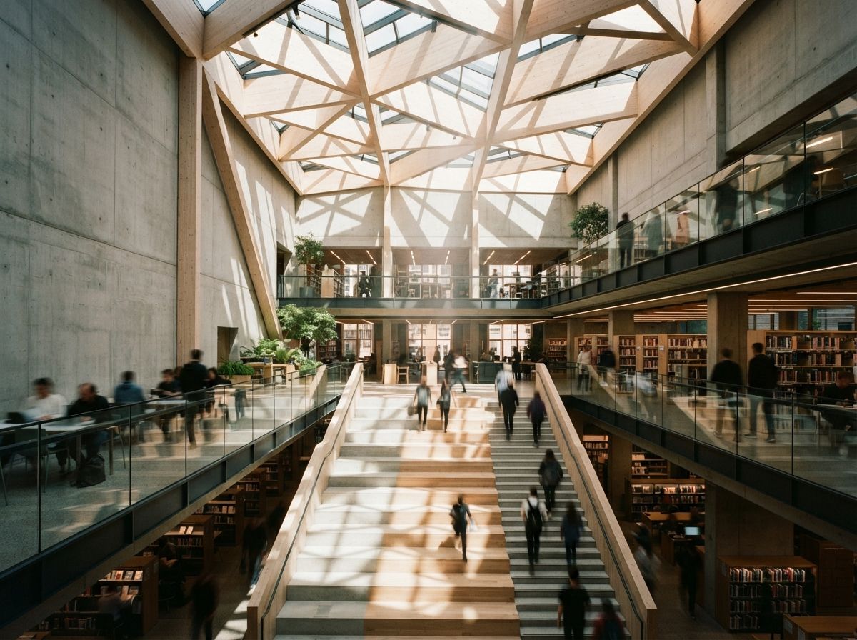 Sun shafts illuminate the multi-level timber atrium of a modern public library filled with people.
