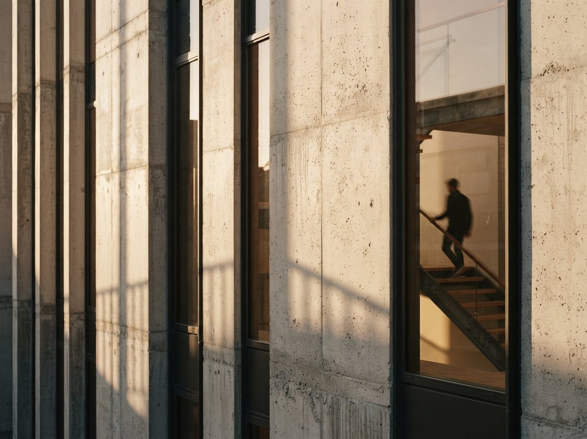 A close-up macro shot highlights the concrete texture and glass joint of a modern building facade in low sunlight.