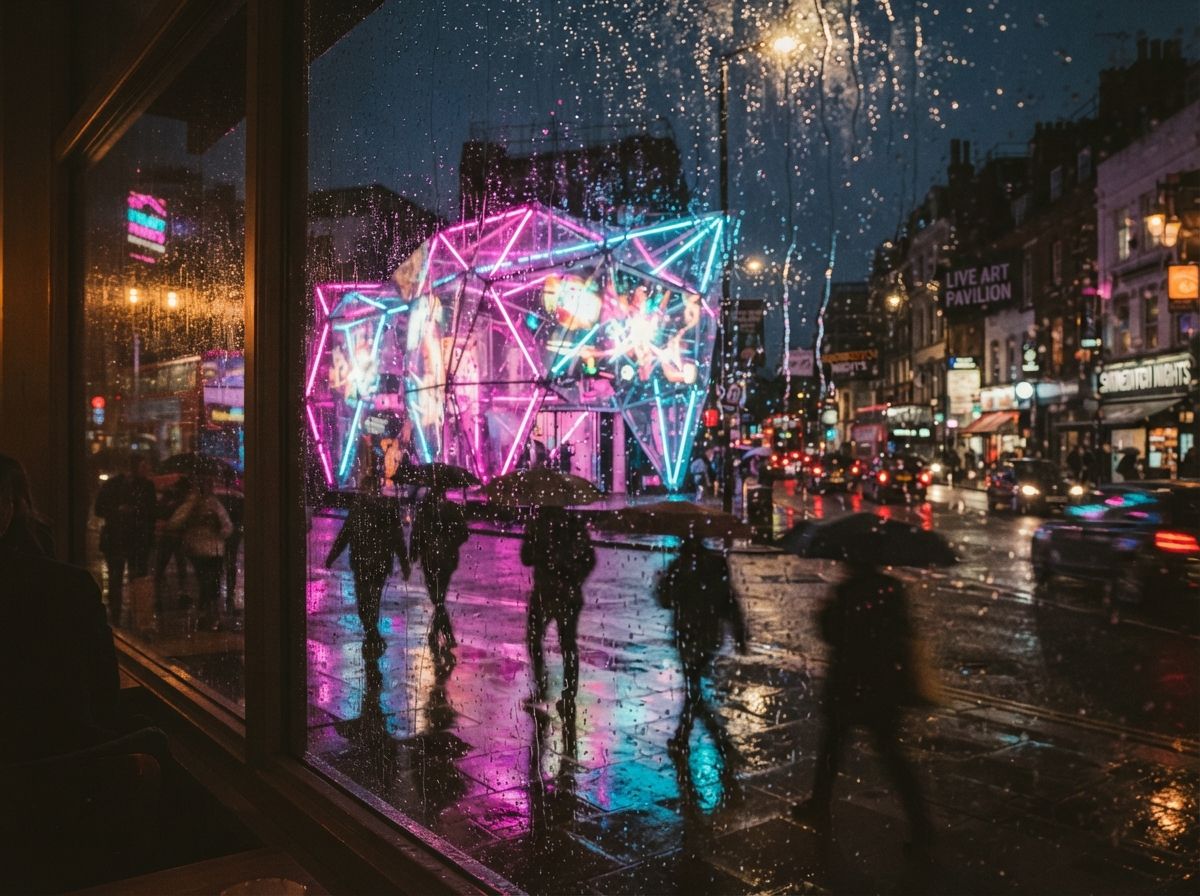 A rainy night view through a glass window showing a bright neon-lit architectural pavilion.