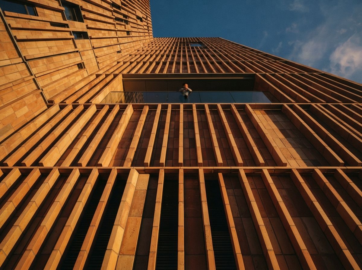 A worm's-eye macro photograph looking up a ribbed terracotta building facade in low sunlight.