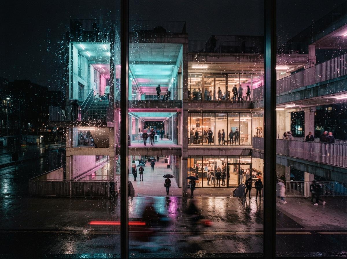 A night scene shot through wet glass showing an illuminated concrete arcade with light streaks.