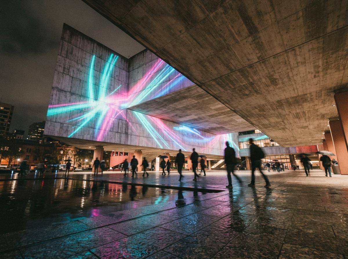 A low-angle night photograph of a cantilevered concrete building illuminated by vivid cyan and magenta projection mapping.