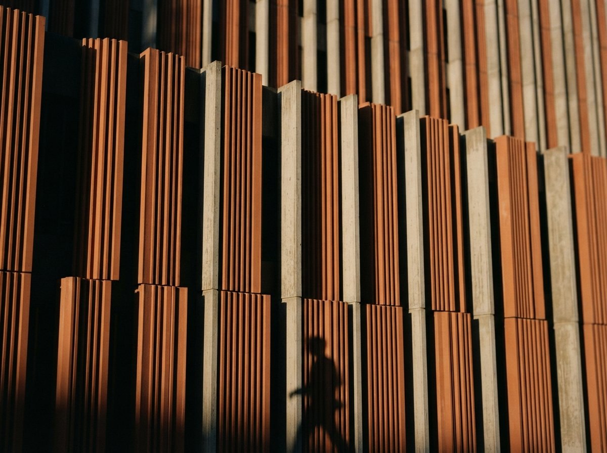 A macro shot of ribbed terracotta architectural cladding illuminated by raking morning light casting sharp geometric shadows.