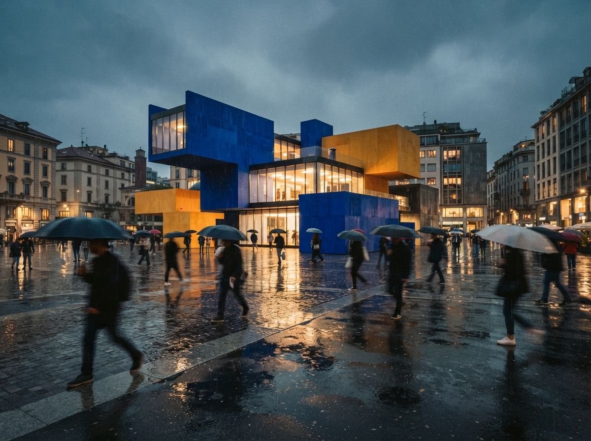 Pedestrians walk past a colorful geometric architectural installation in a rain-slicked urban plaza.