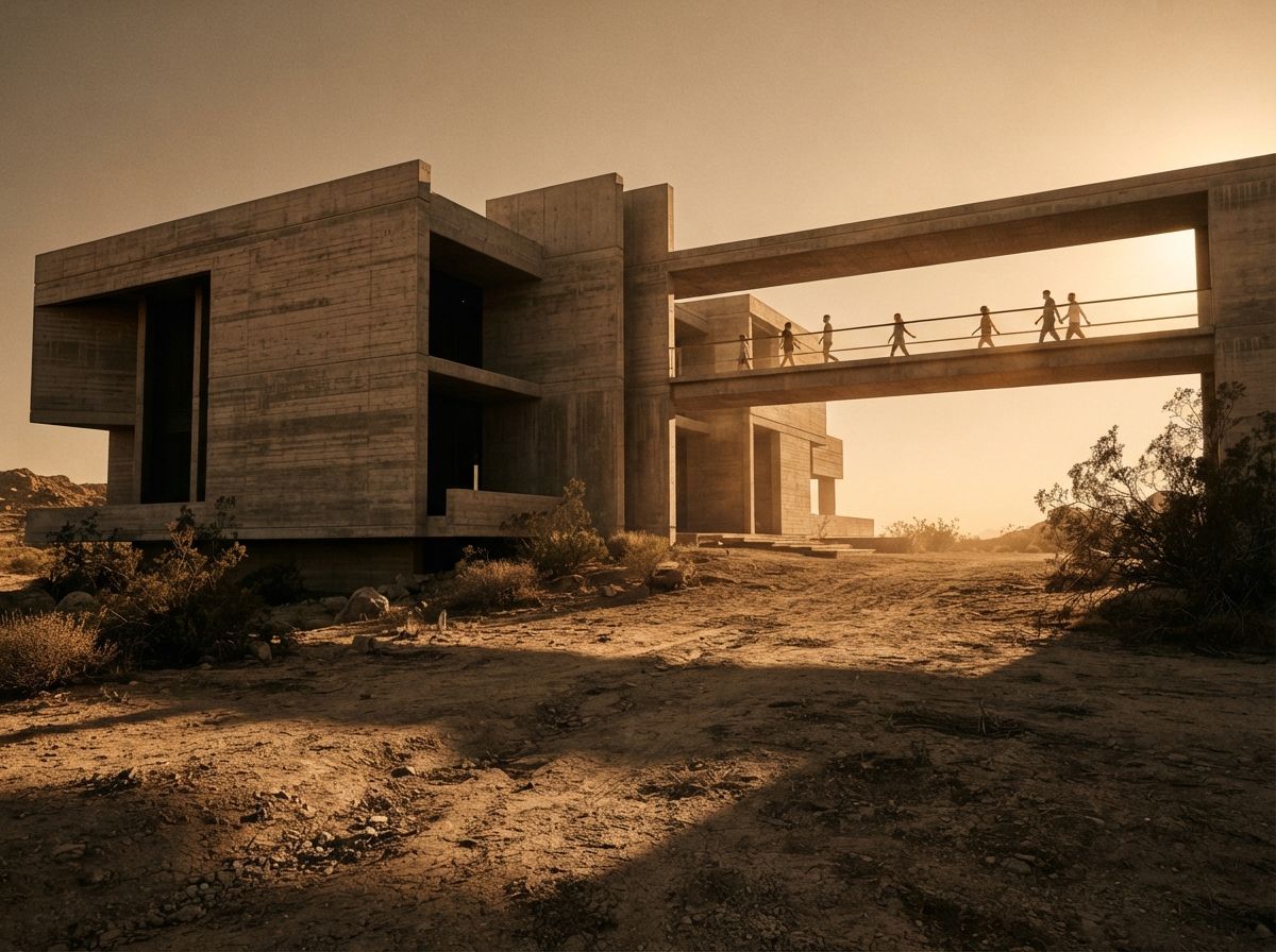 A concrete architectural structure sits in an arid landscape under golden hour sunlight.