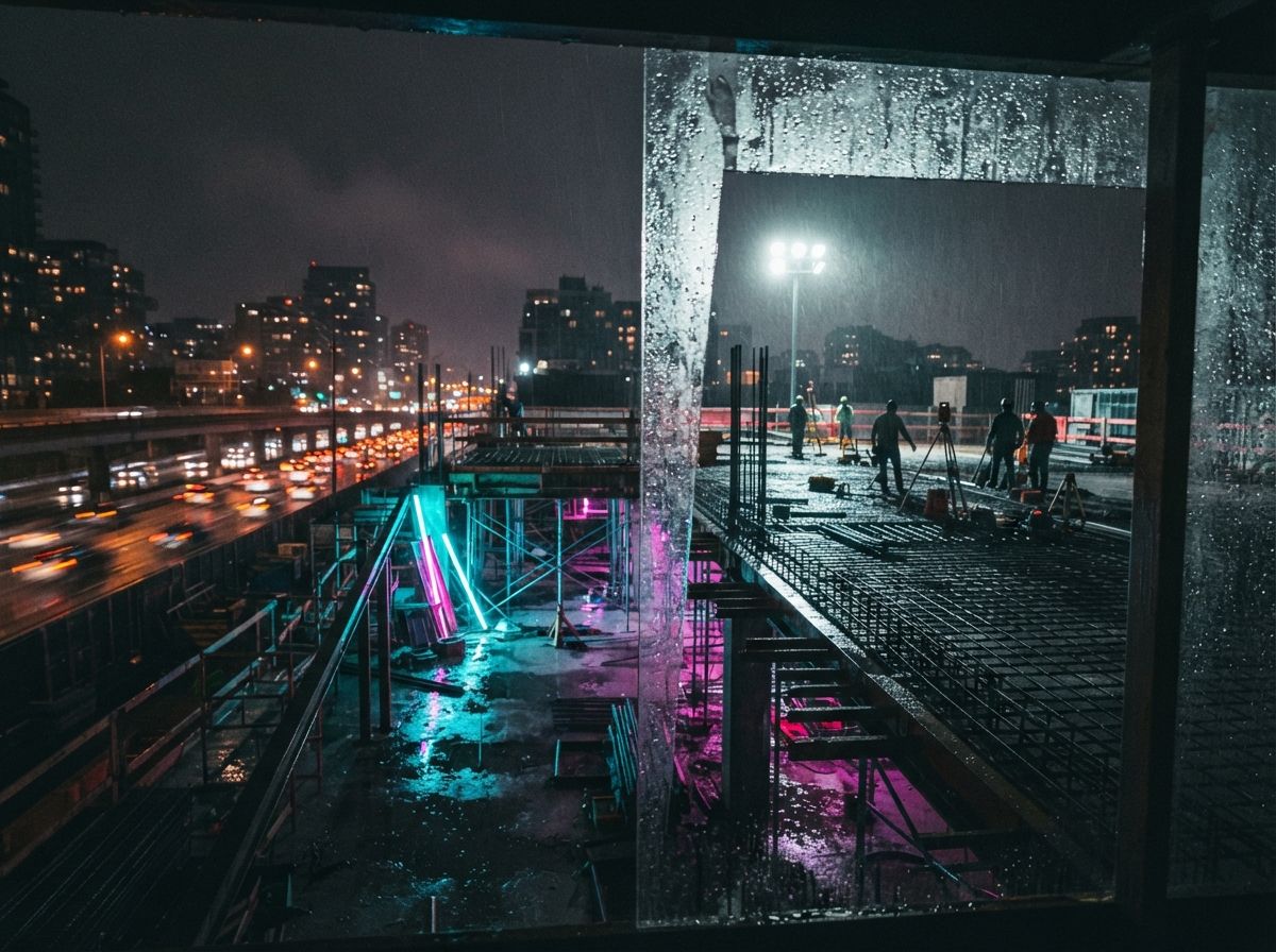 A rain-streaked night photograph reveals a brightly illuminated urban infill site with vibrant neon street reflections.