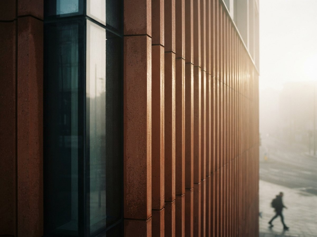A macro architectural photo captures raking sunlight casting rhythmic shadows on a textured terracotta facade in morning fog.