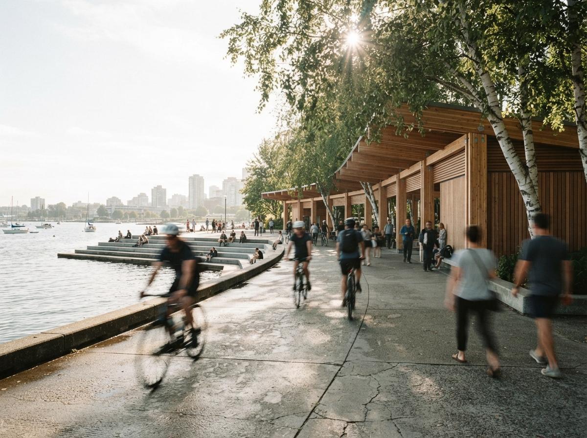Cyclists ride along a sunny concrete boardwalk past a timber park pavilion and birch trees.