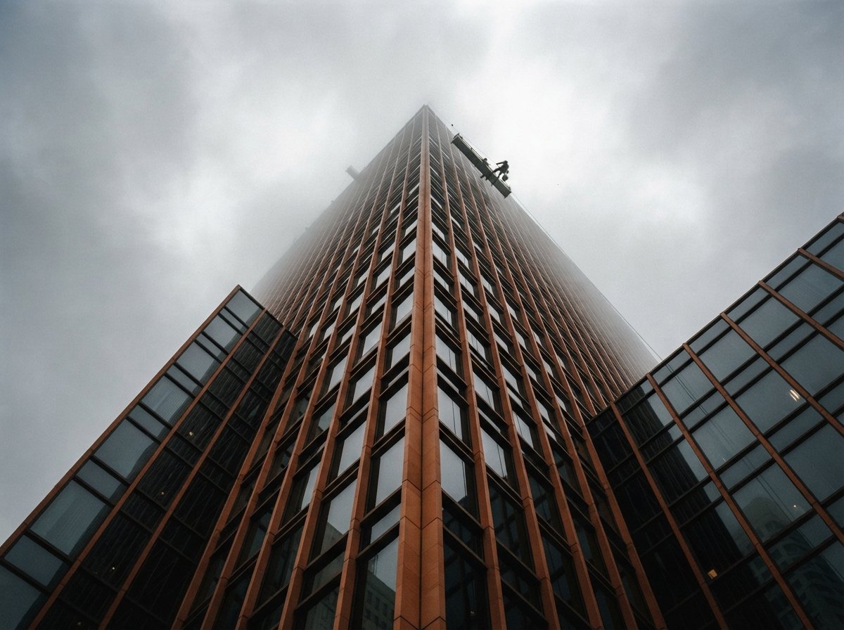 A low-angle view of a high-rise building's sharp glass and terracotta facade rising into atmospheric fog.