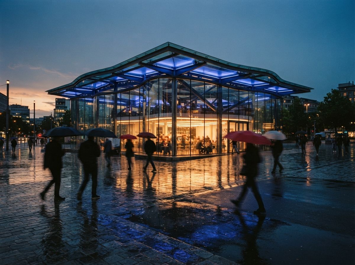 A modern pavilion reflects vivid neon and twilight light in a rain-slicked plaza.