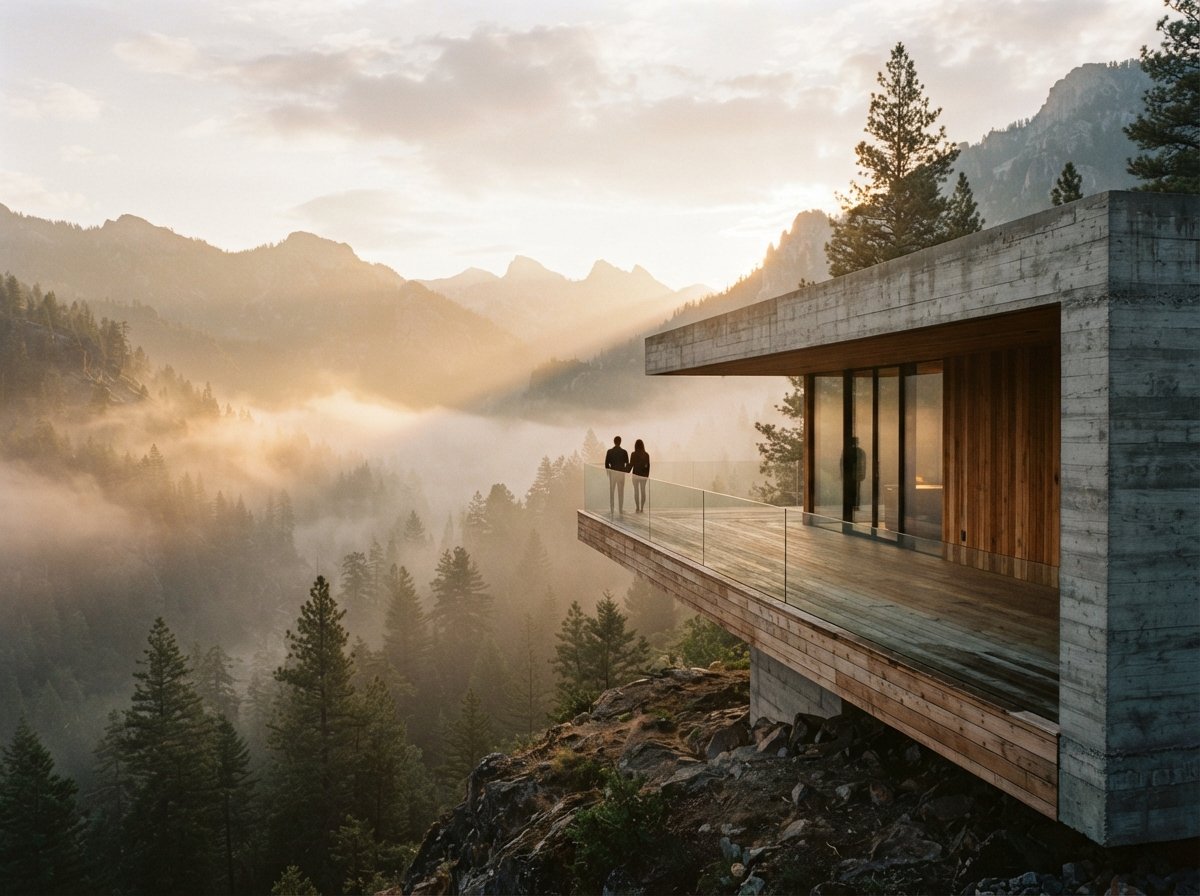A concrete pavilion overlooks a misty forest valley during a golden sunrise.