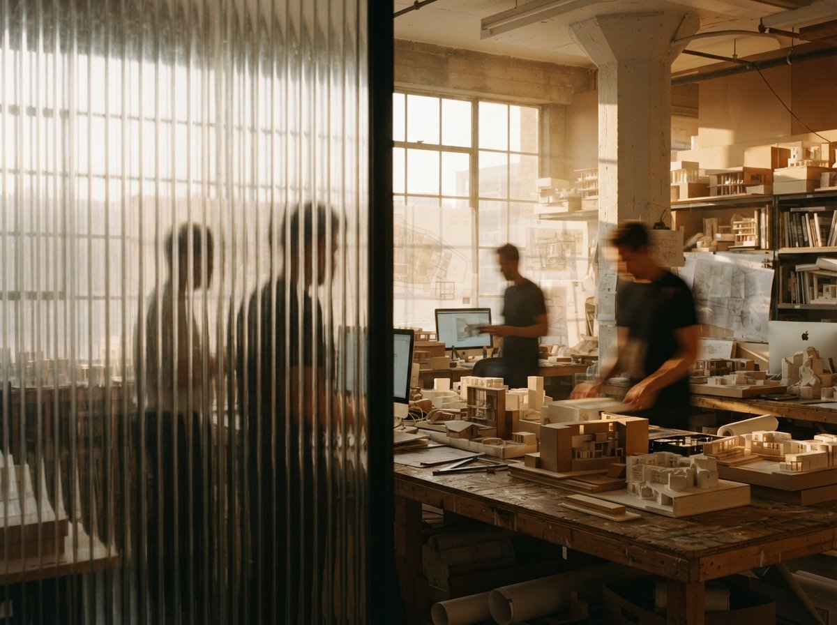 View through ribbed glass showing designers collaborating around site plans in warm sunlight.