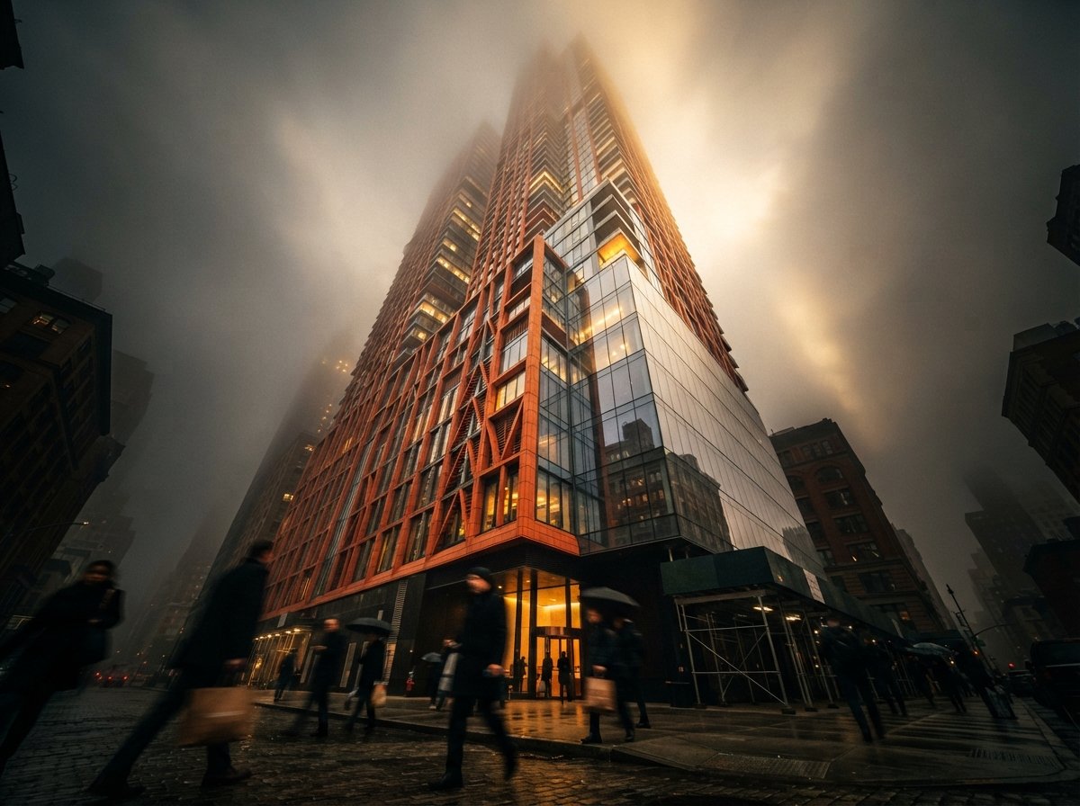 Ground-level view looking up at a modern terracotta facade shrouded in morning fog.