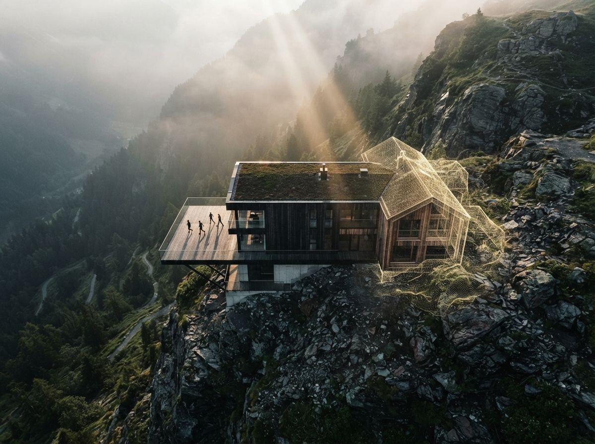 A top-down drone view of a cliffside building transitioning from solid timber into digital wireframe in dense dawn fog.