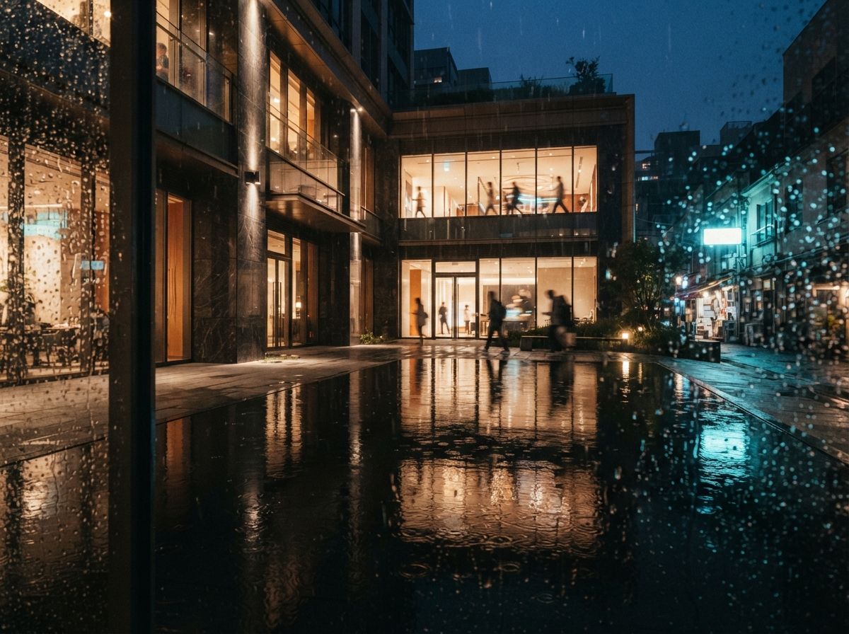 A night shot through rain-slicked glass showing illuminated architecture reflected in a courtyard water feature.