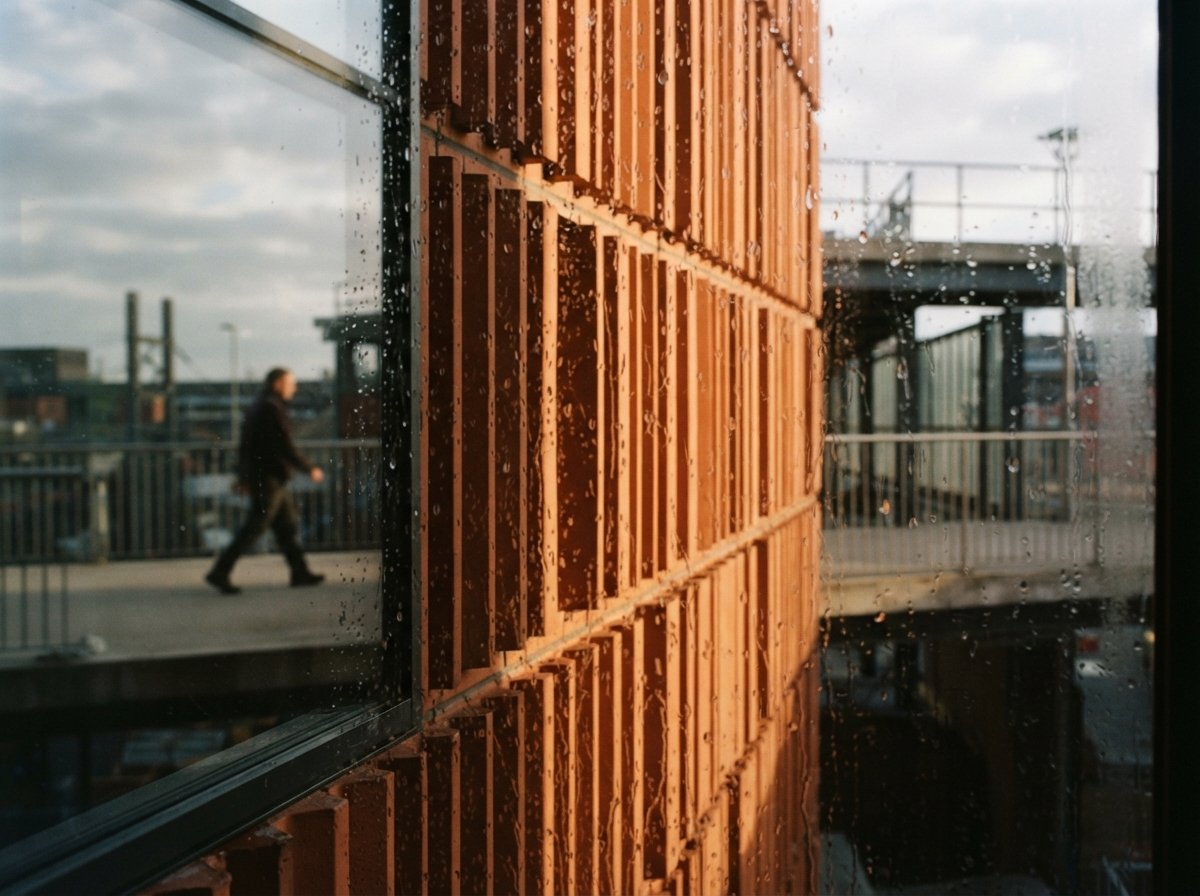 A close-up texture shot of a terracotta building facade illuminated by low morning light viewed through wet glass.