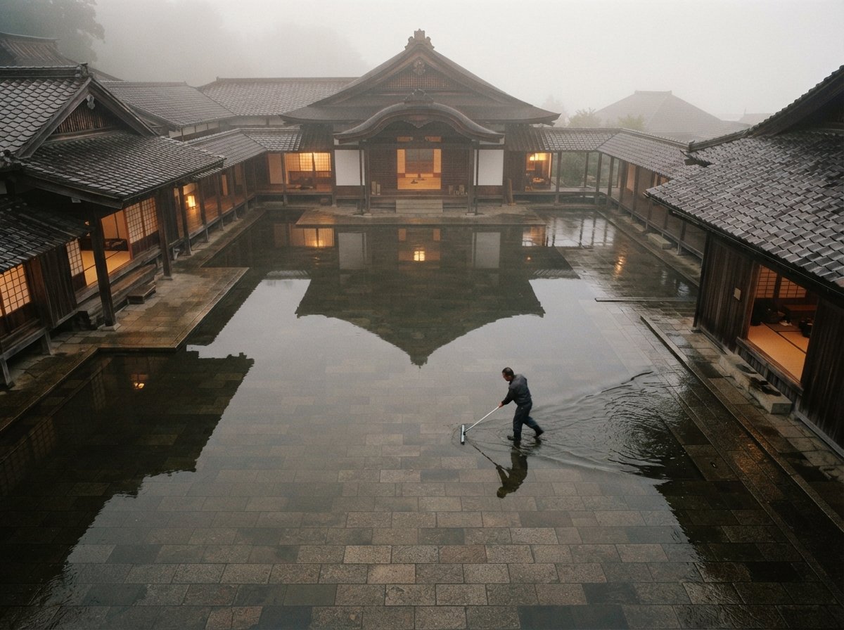 A high-angle top-down drone photograph of a courtyard reflected in standing rainwater during a foggy dawn.