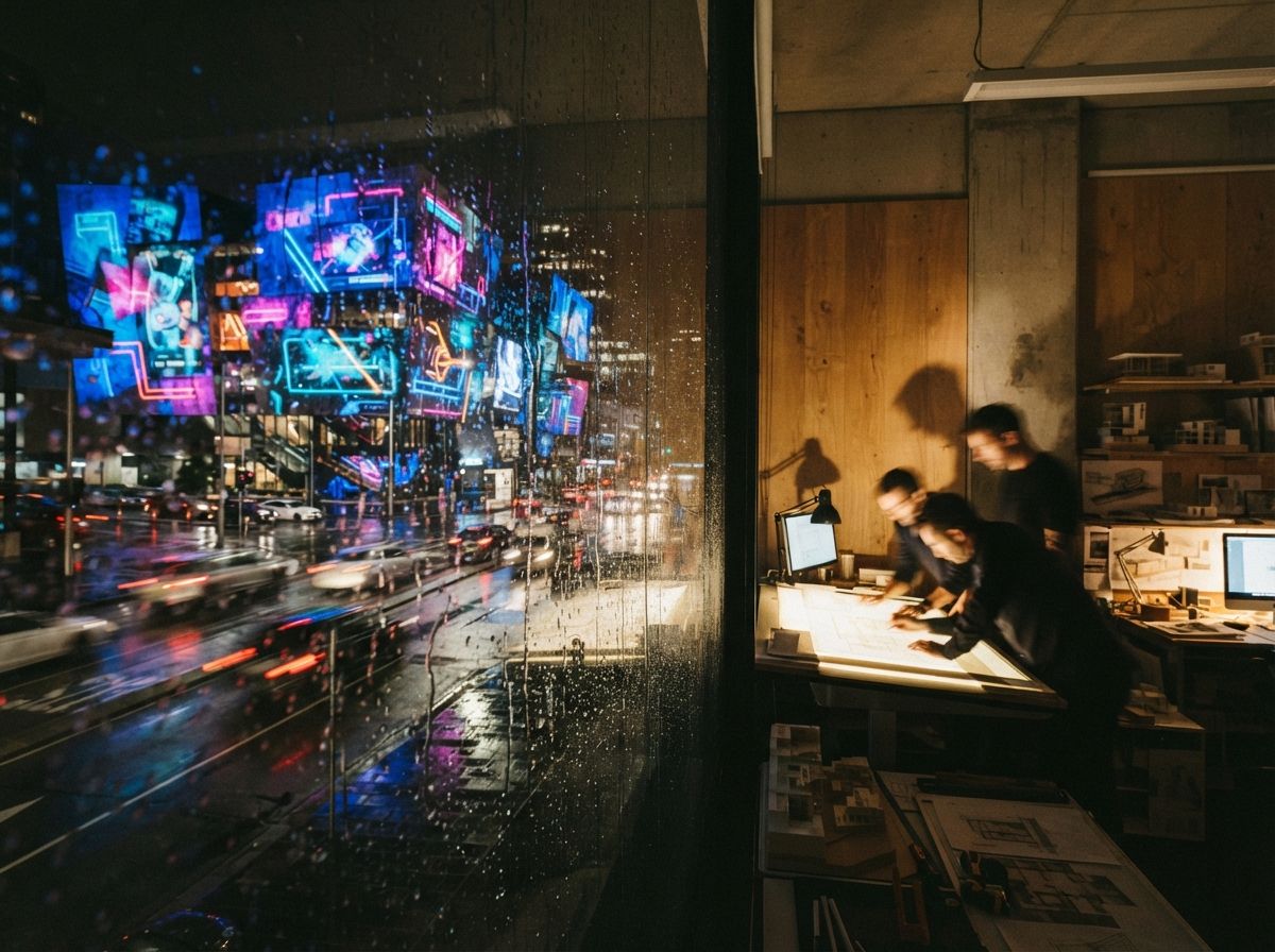 A night view through wet glass showing a projection-mapped facade in vibrant colors and architects inside a studio.