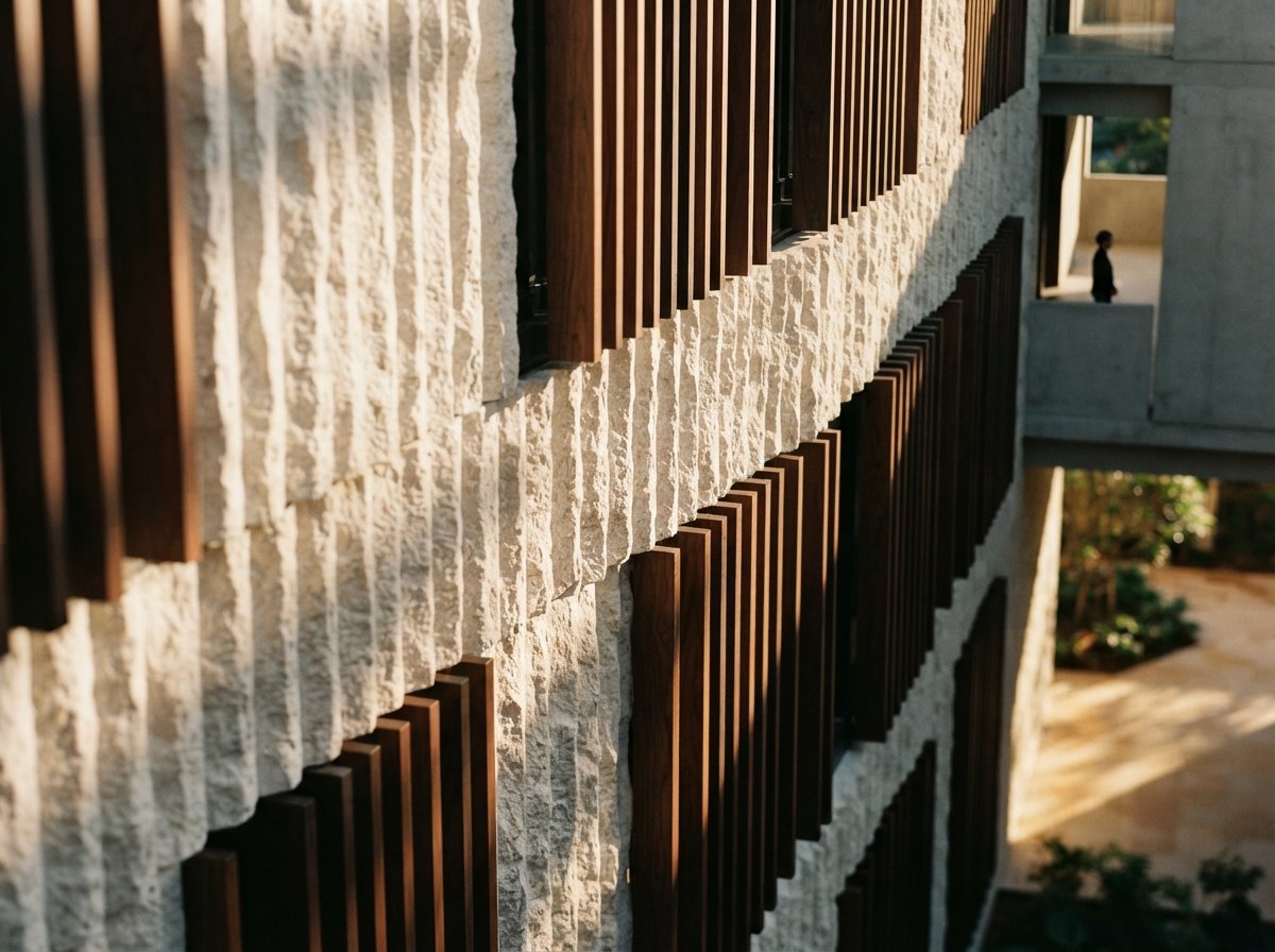 A close-up texture shot of a carved limestone and timber facade illuminated by low morning sunlight.