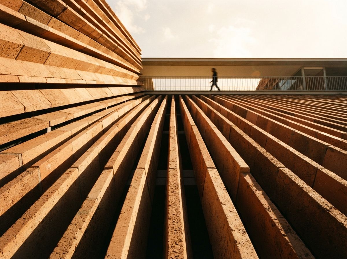 An extreme low-angle close-up of terracotta building louvers casting geometric shadows in morning light.