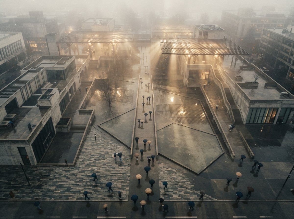 A top-down aerial photograph of a fog-covered architectural plaza with water pools at dawn.