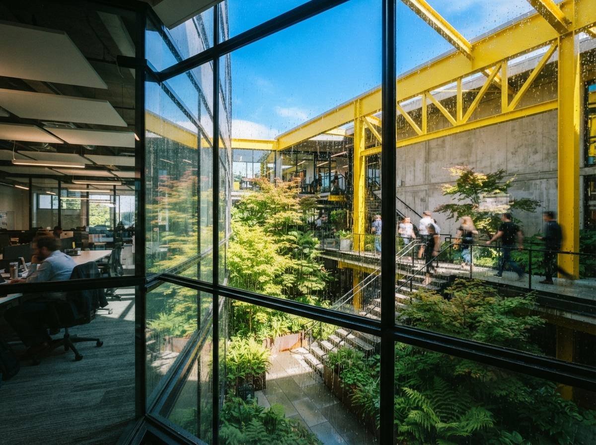A view through a glass exterior wall reveals a brightly lit architectural atrium framed by yellow steel columns.
