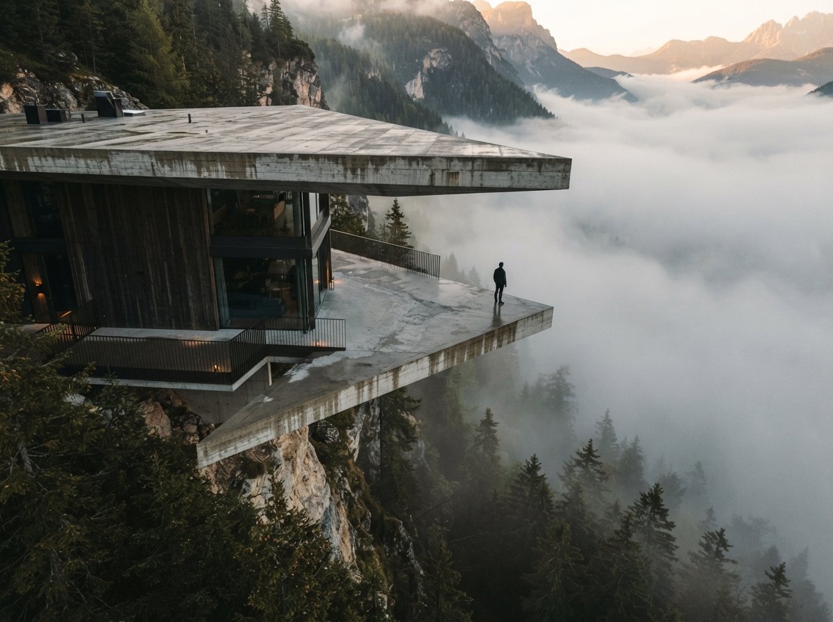 An aerial top-down photo shows a concrete cantilever structure extending over a foggy forest at dawn.