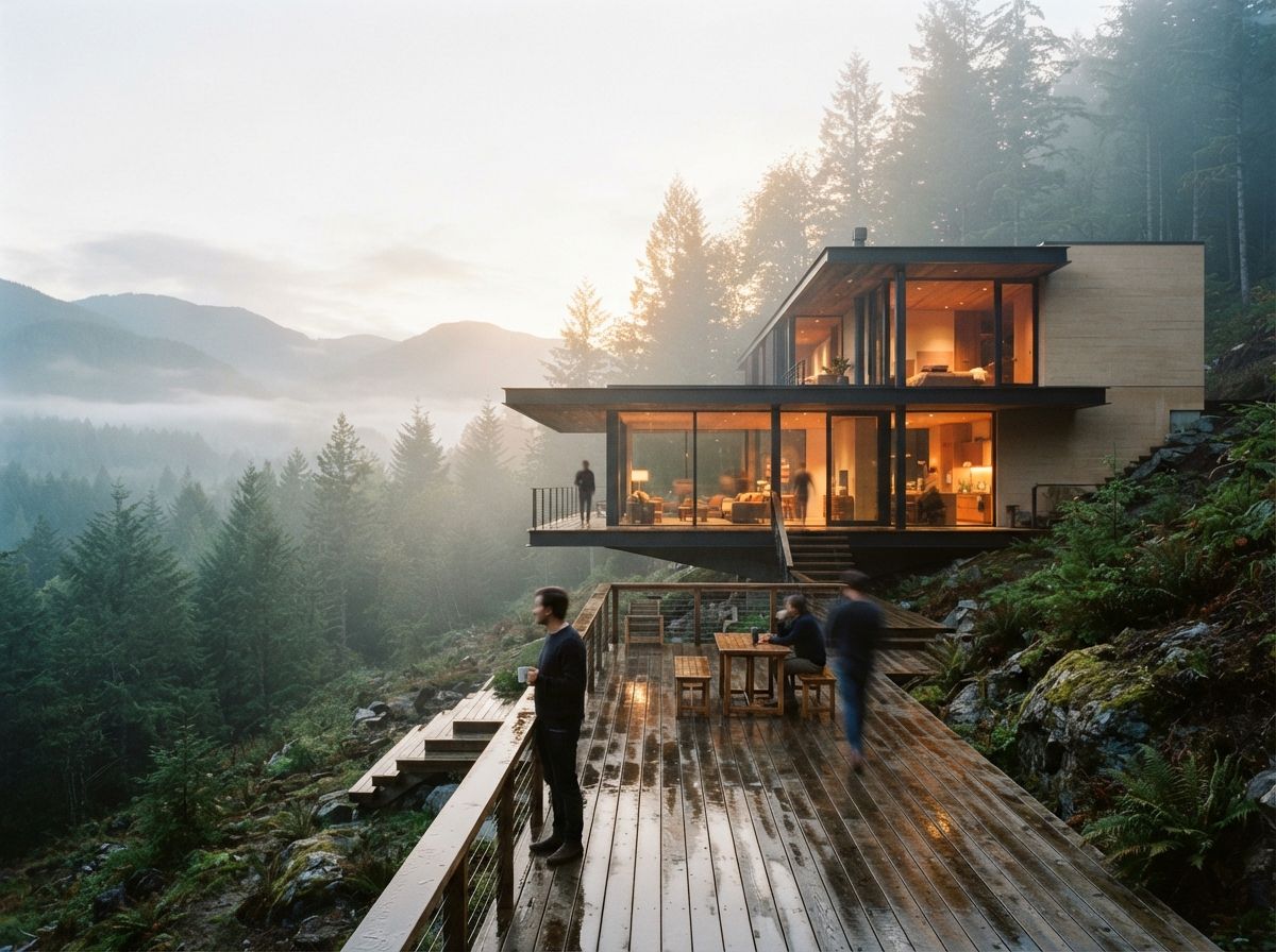 A cantilevered hillside house nestled in morning mist with glowing warm light from within.