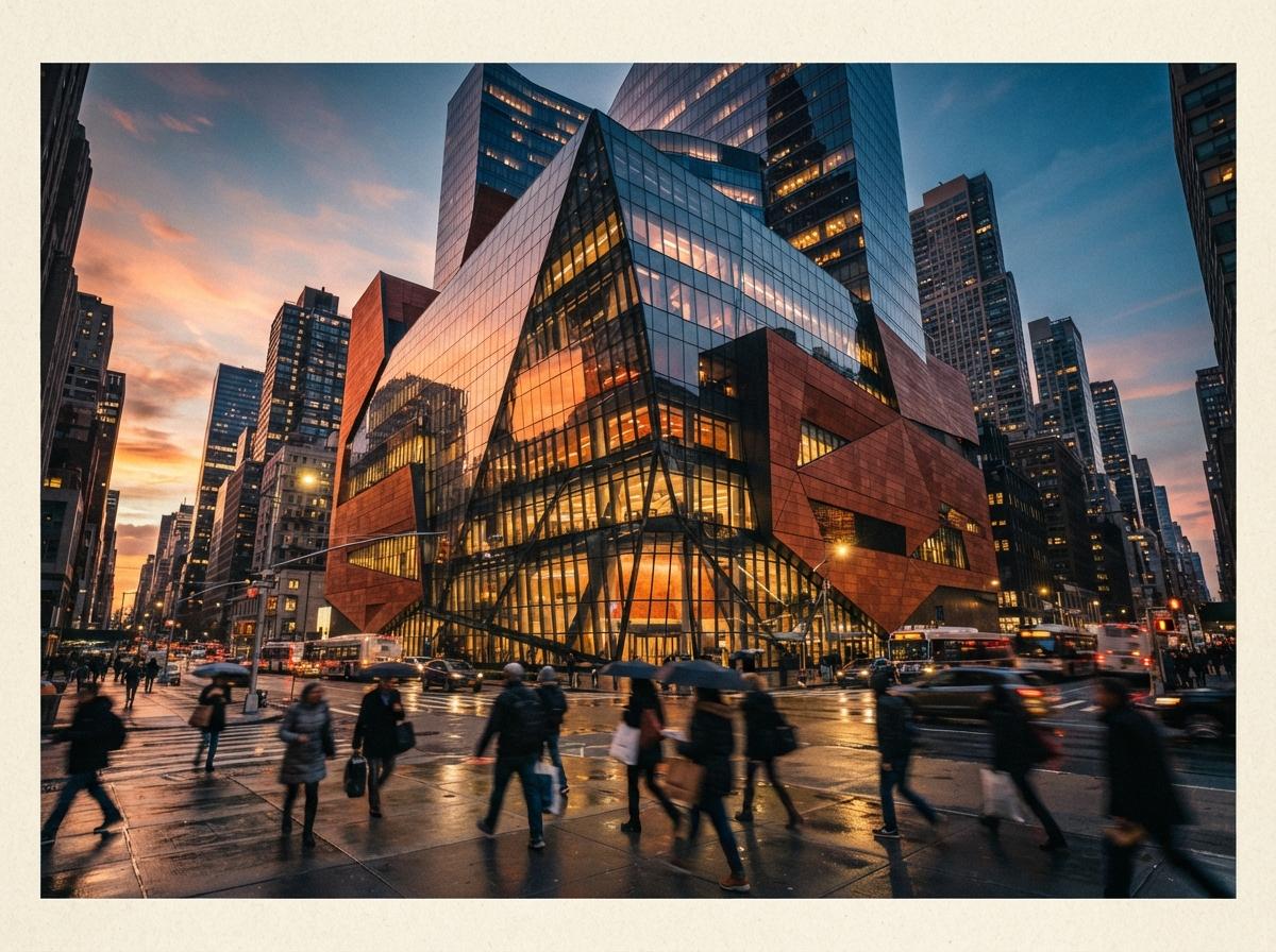 A modern glass building on a city street reflecting warm golden hour sunlight onto pedestrians below.