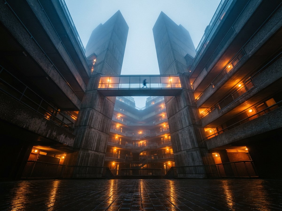 An extreme low-angle perspective looking up into a foggy brutalist concrete atrium with illuminated windows.