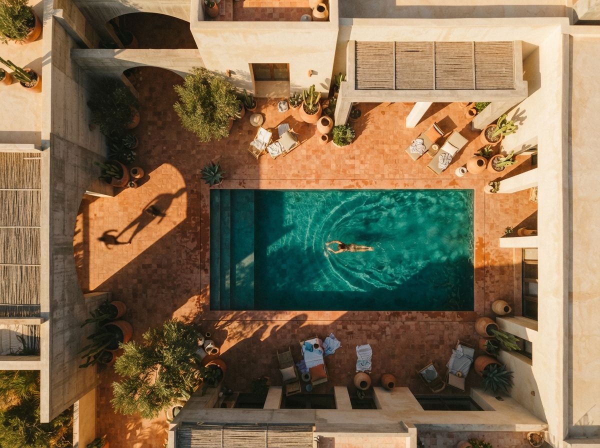 A top-down aerial photograph of a desert villa courtyard showing a pool and long golden hour shadows.