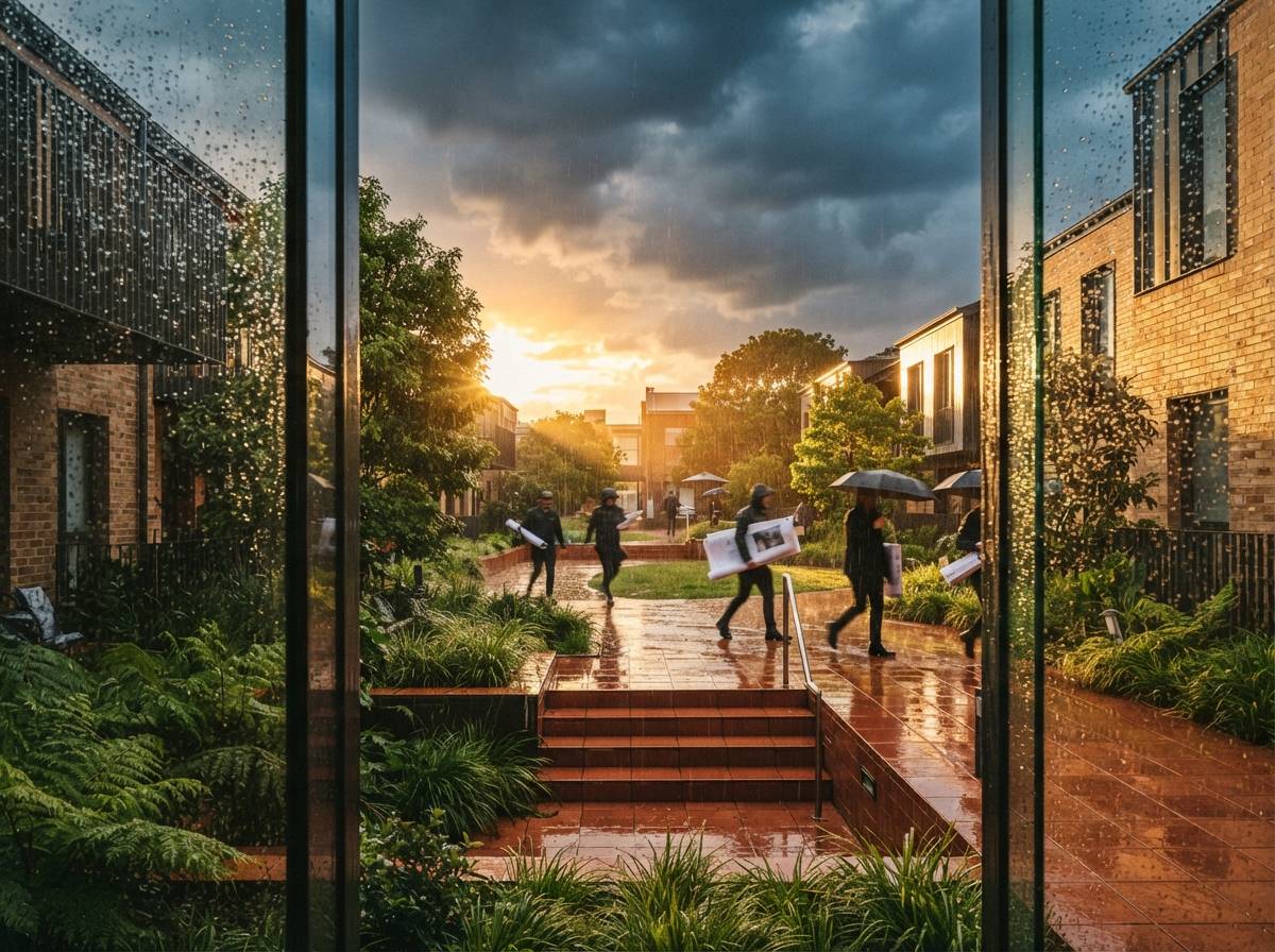 A view through a raindrop-covered glass wall showing a brightly sunlit residential courtyard after a heavy storm.