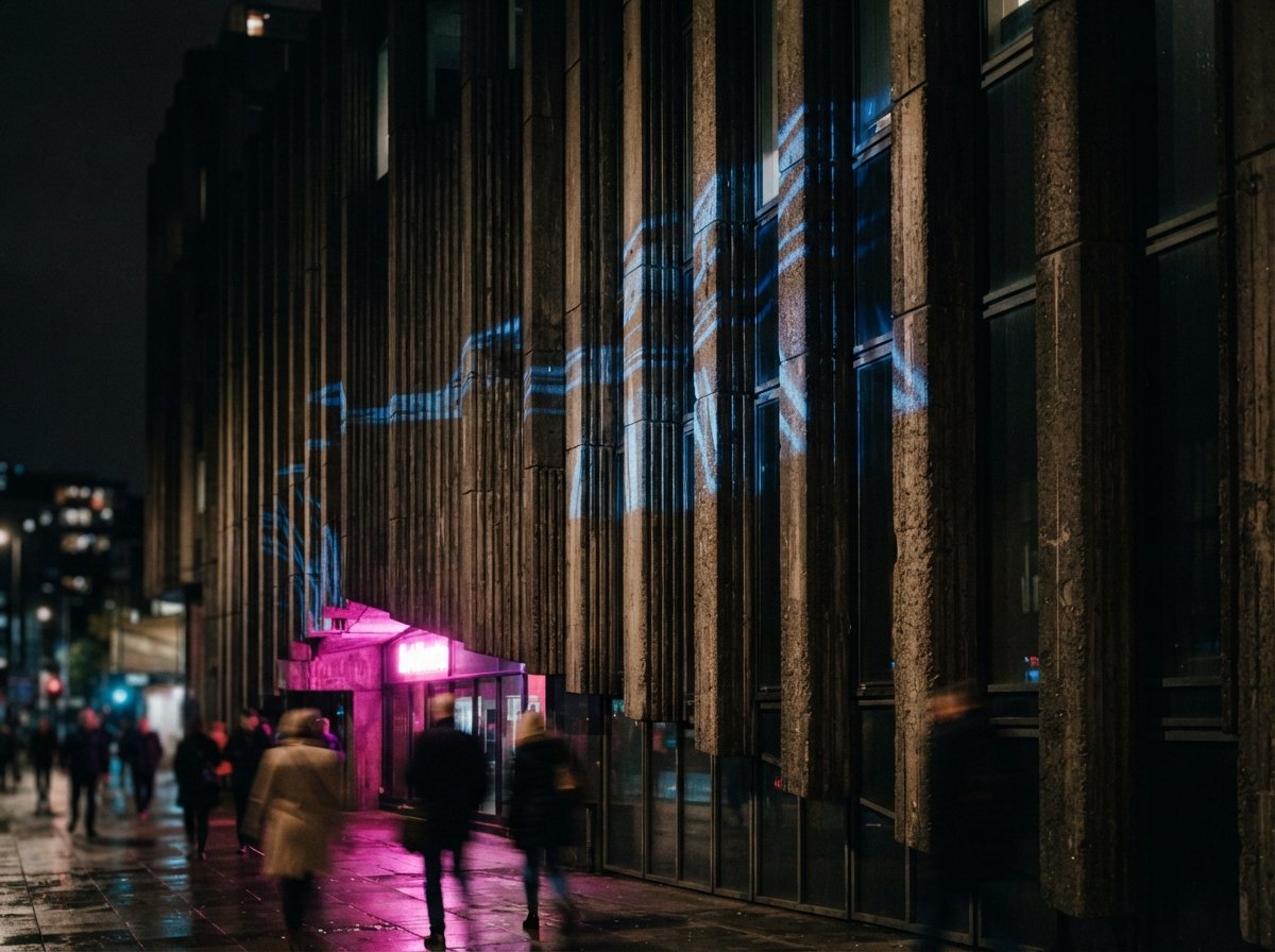 An extreme close-up of a ribbed concrete building wall illuminated by magenta neon and electric blue lights at night.
