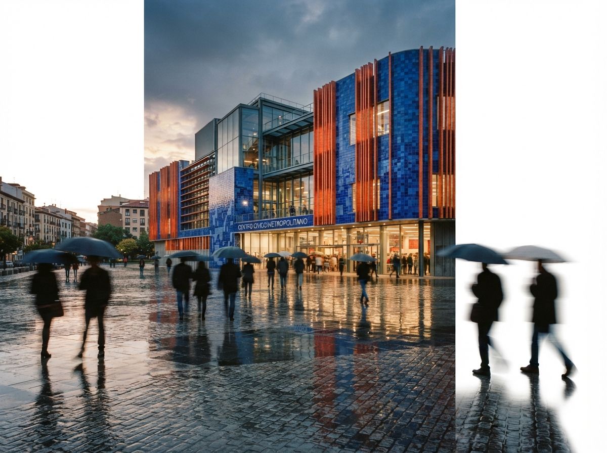 A modern civic building with vibrant blue glazed tiles reflects in a rain-washed plaza filled with pedestrians.