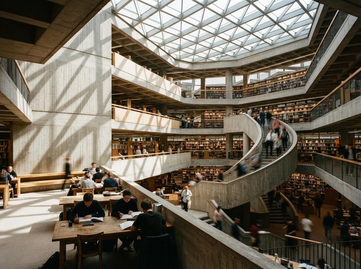 High noon light streams through a skylight into a concrete public library atrium with terraced seating.