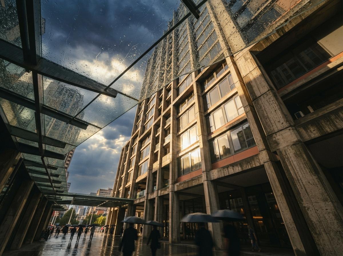 A low-angle macro view looking up through a wet glass canopy at a concrete building facade as storm clouds clear in golden sunlight.