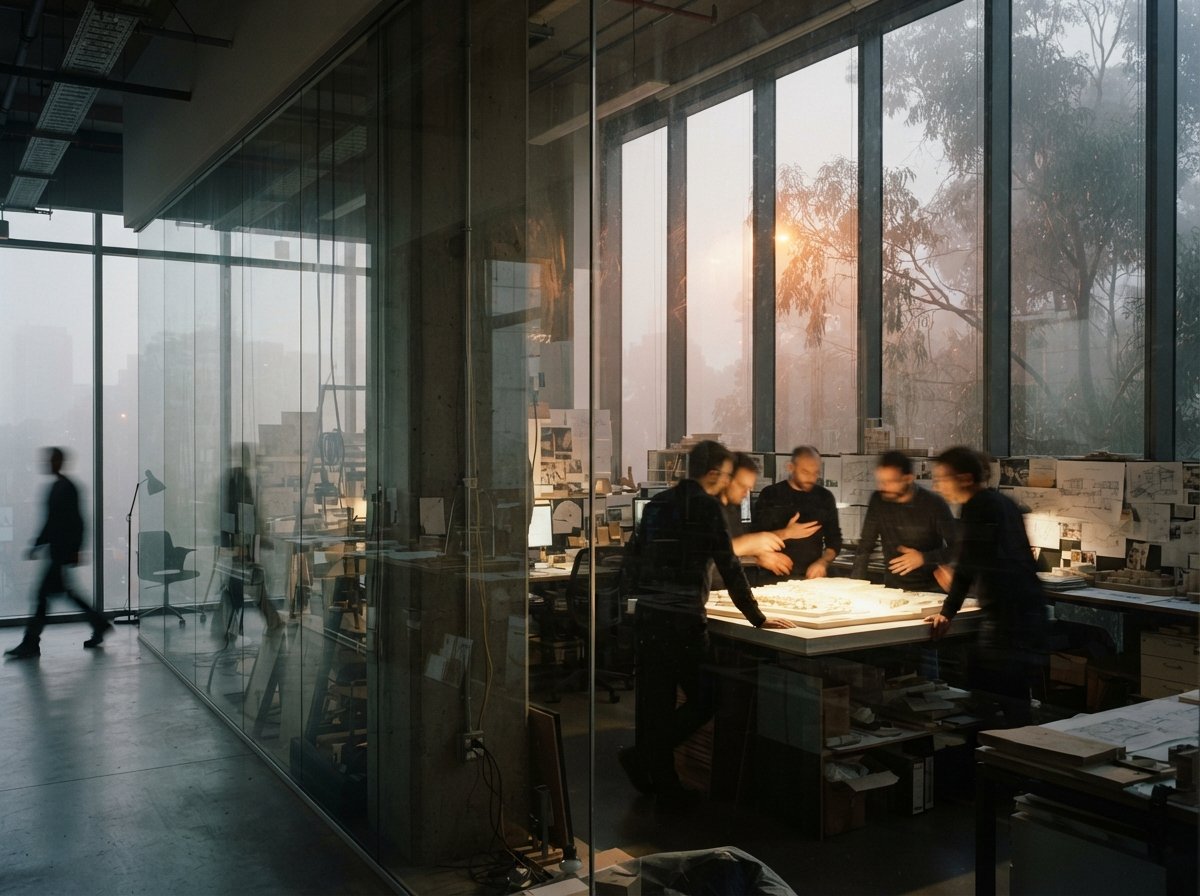 An architectural studio photographed through a reflective glass wall during a foggy dawn with architects moving around a model table.