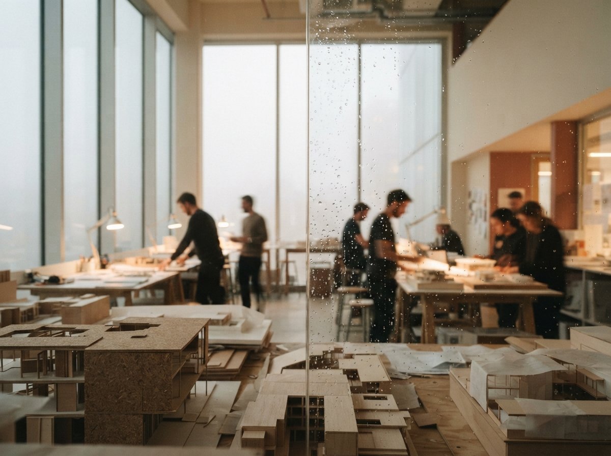 A view framed through foreground glass showing an architectural design workspace engulfed in dense morning fog.