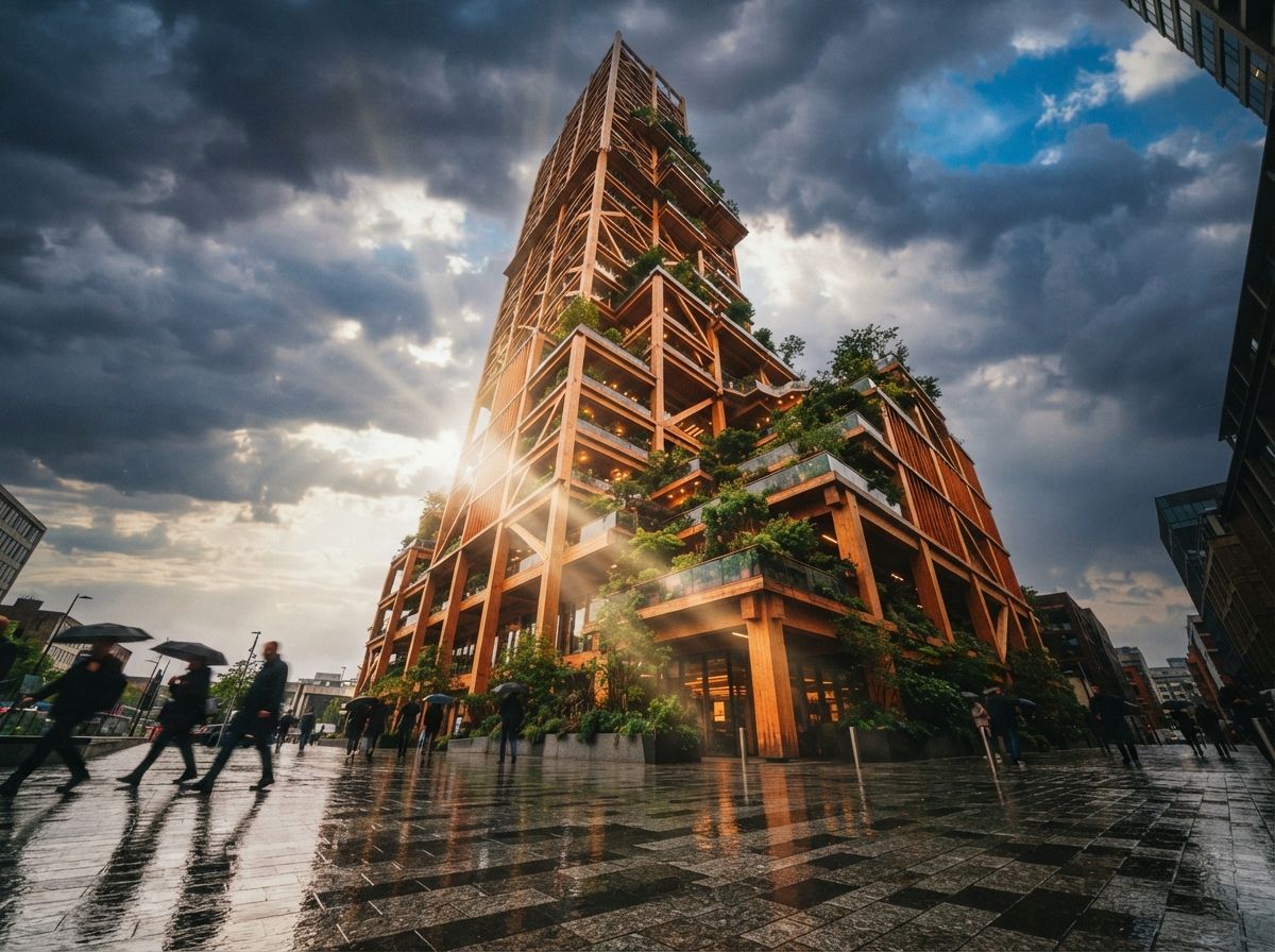 A low-angle view looking up at a modern timber tower as sunlight cuts through storm clouds.