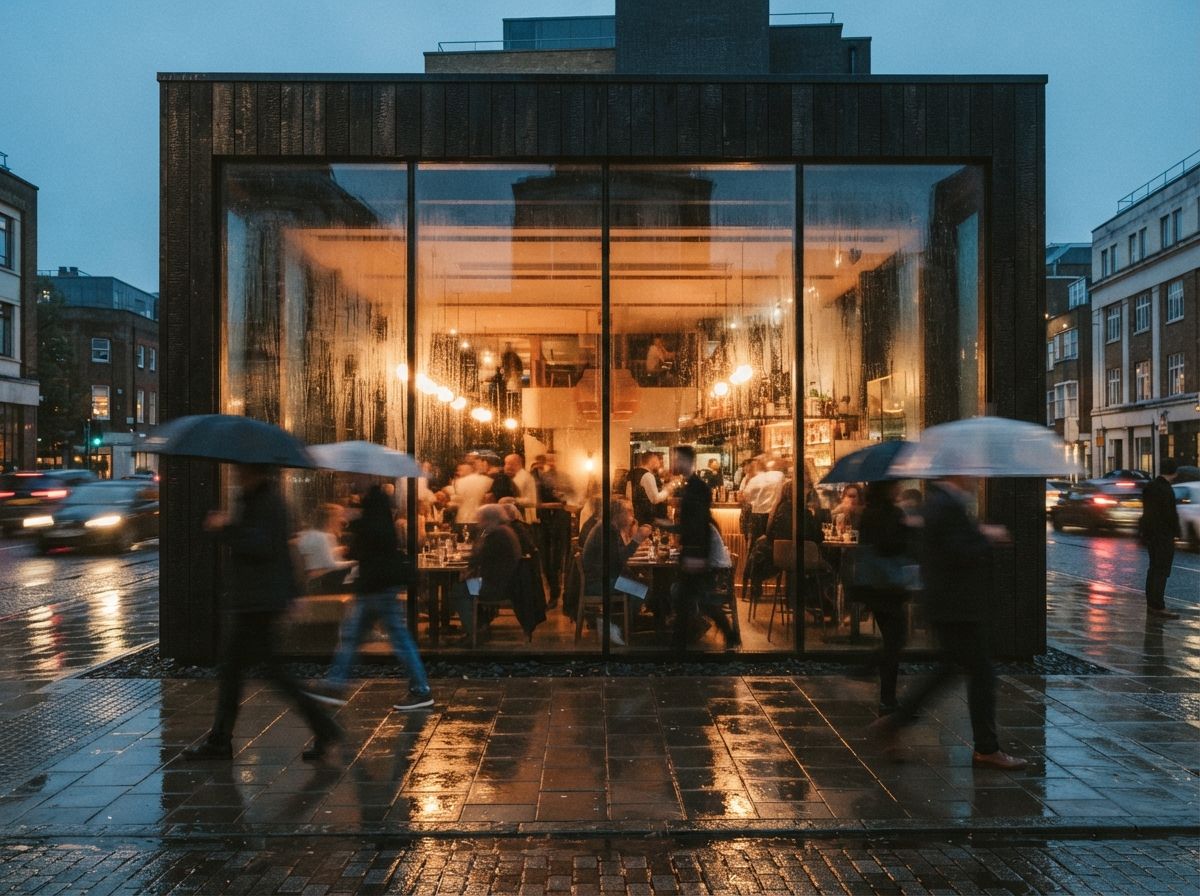 A modern timber pavilion sits illuminated on a rain-slicked city street at dusk as pedestrians walk past.