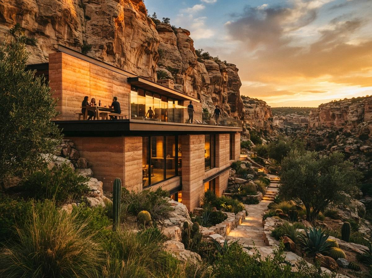 A modern rammed-earth villa sits embedded in a canyon cliffside under late afternoon golden sunlight.