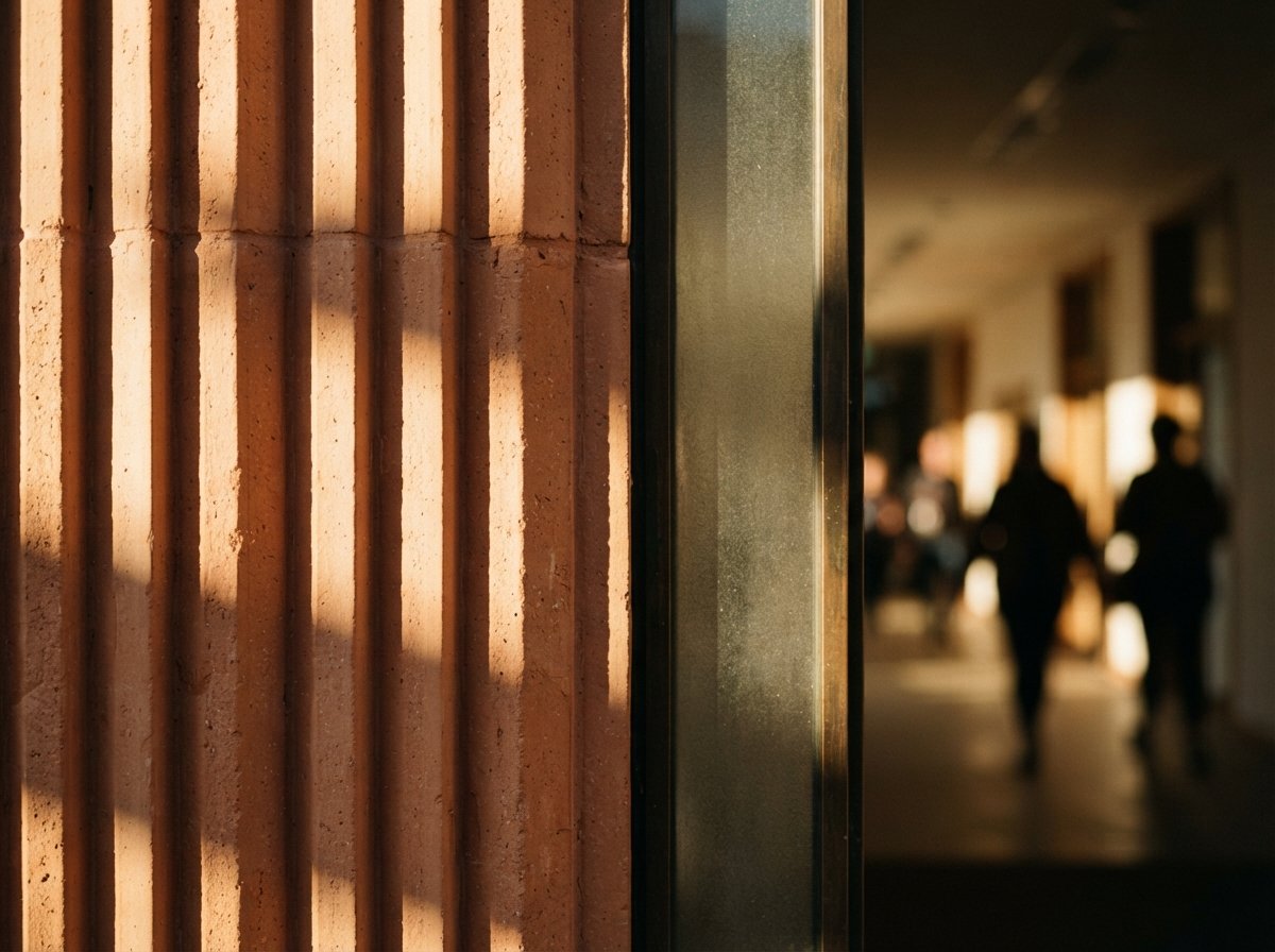 Close-up macro of fluted terracotta facade cladding illuminated by raking golden sunlight.